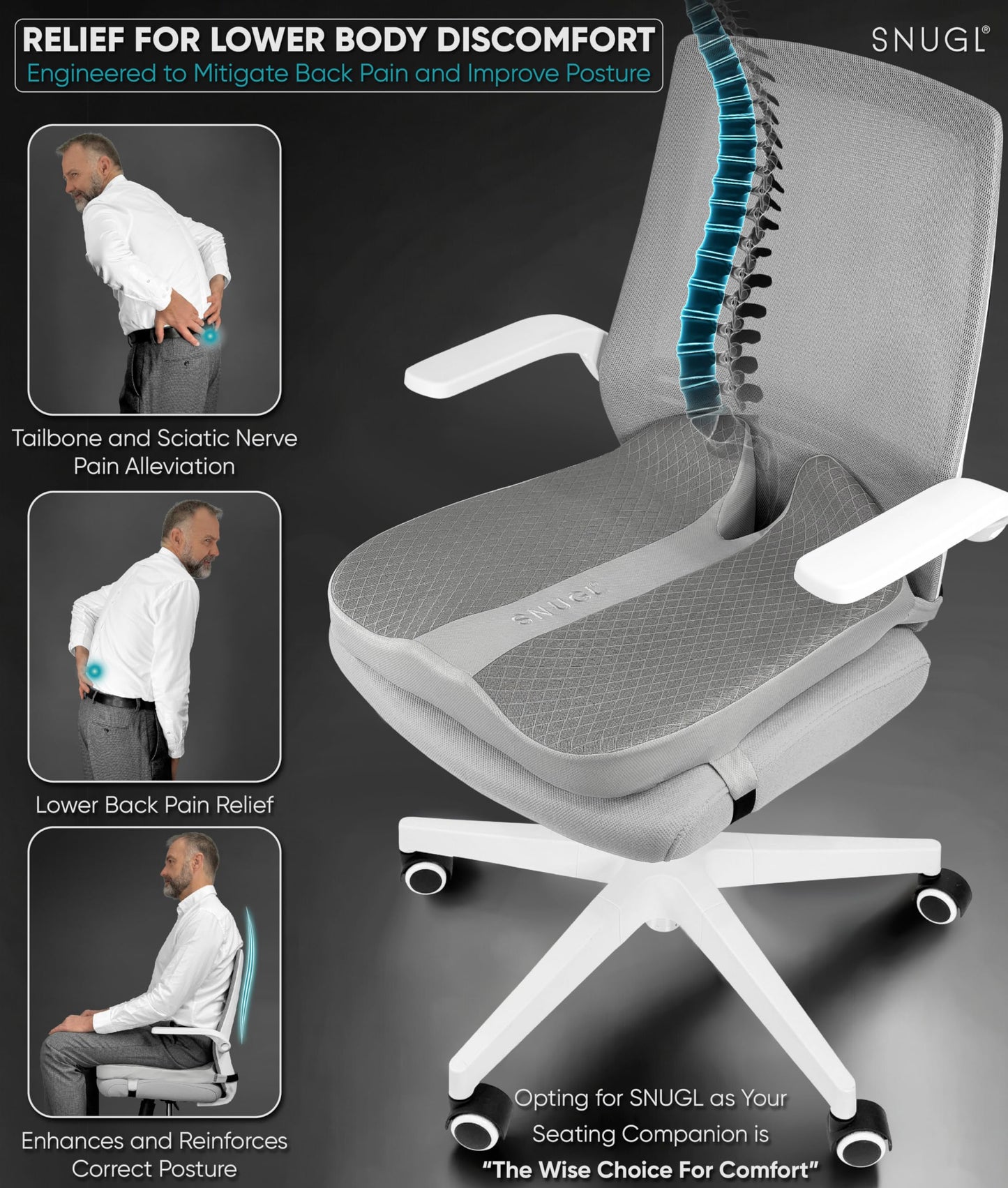 SNUGL Memory Foam Seat Cushion - Ergonomic Coccyx Cushion for Sciatica Pain Relief, Perfect for Car Seat, Office Chair, Gaming and More