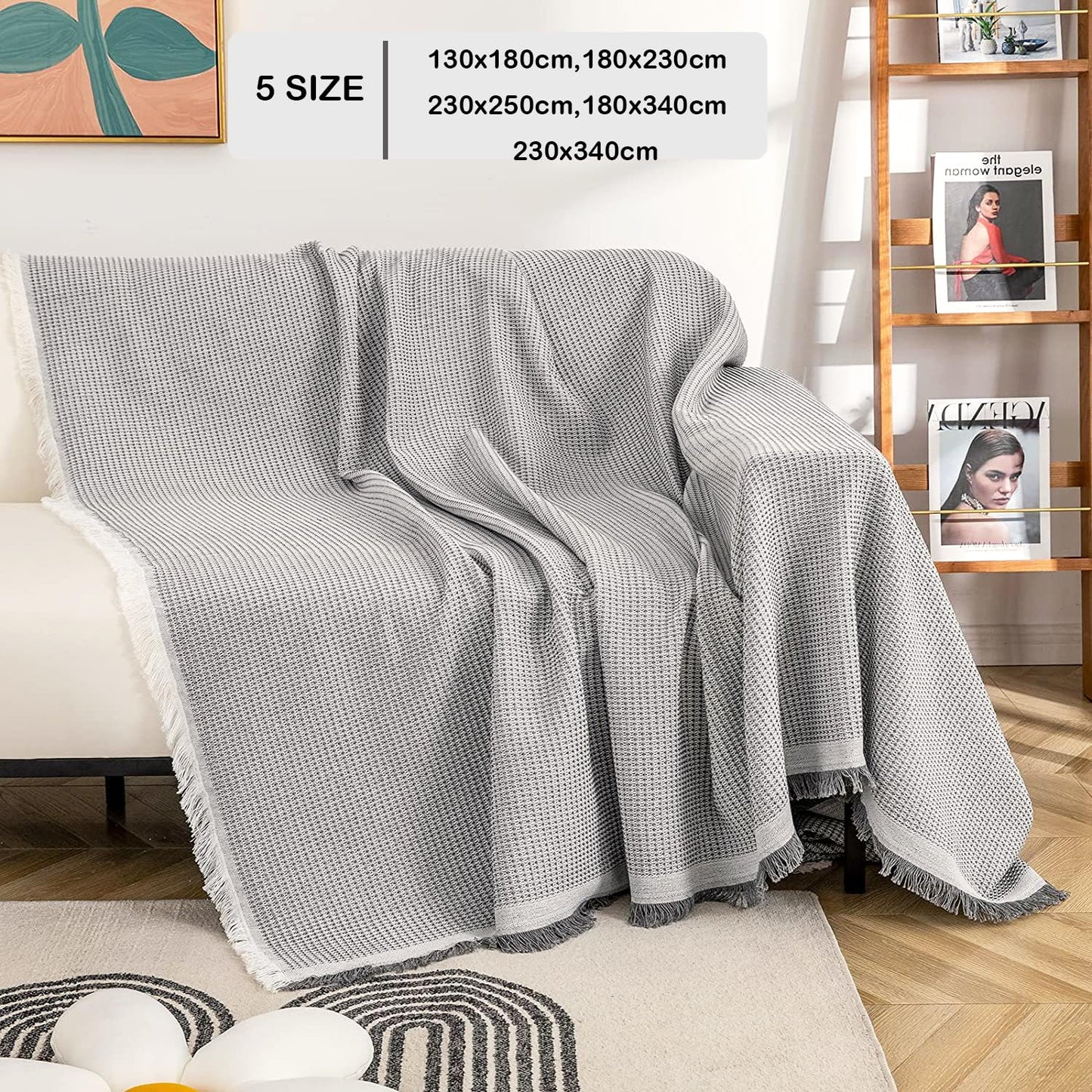VANJOROY Waffle Large Grey Sofa Throw Blanket With Tassels For 2 3 4 Seater, 100% Handwoven Cotton Knitted Settees Throw for Couch, Armchair and Bed,