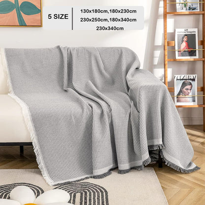 VANJOROY Waffle Large Grey Sofa Throw Blanket With Tassels For 2 3 4 Seater, 100% Handwoven Cotton Knitted Settees Throw for Couch, Armchair and