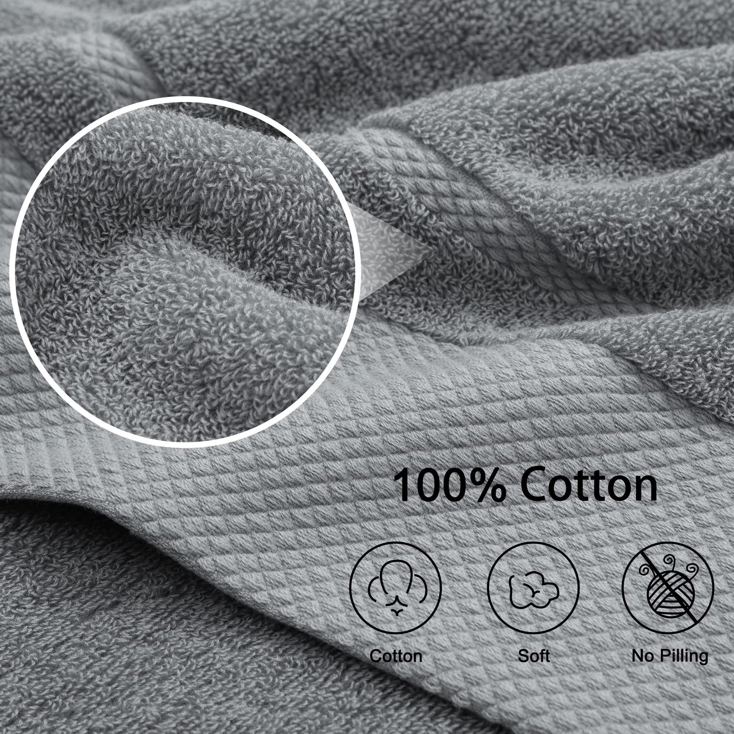 PiccoCasa Combed Cotton Bath Towels 4 Pack Grey 70cm x 140cm
