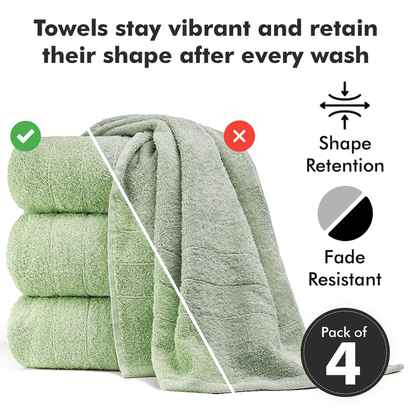 Novo Home Bath Towels Set of 4 – 550 GSM 100% Cotton Light Green Extra Large Towels for Bathroom, Spa Use (70x140 cm)