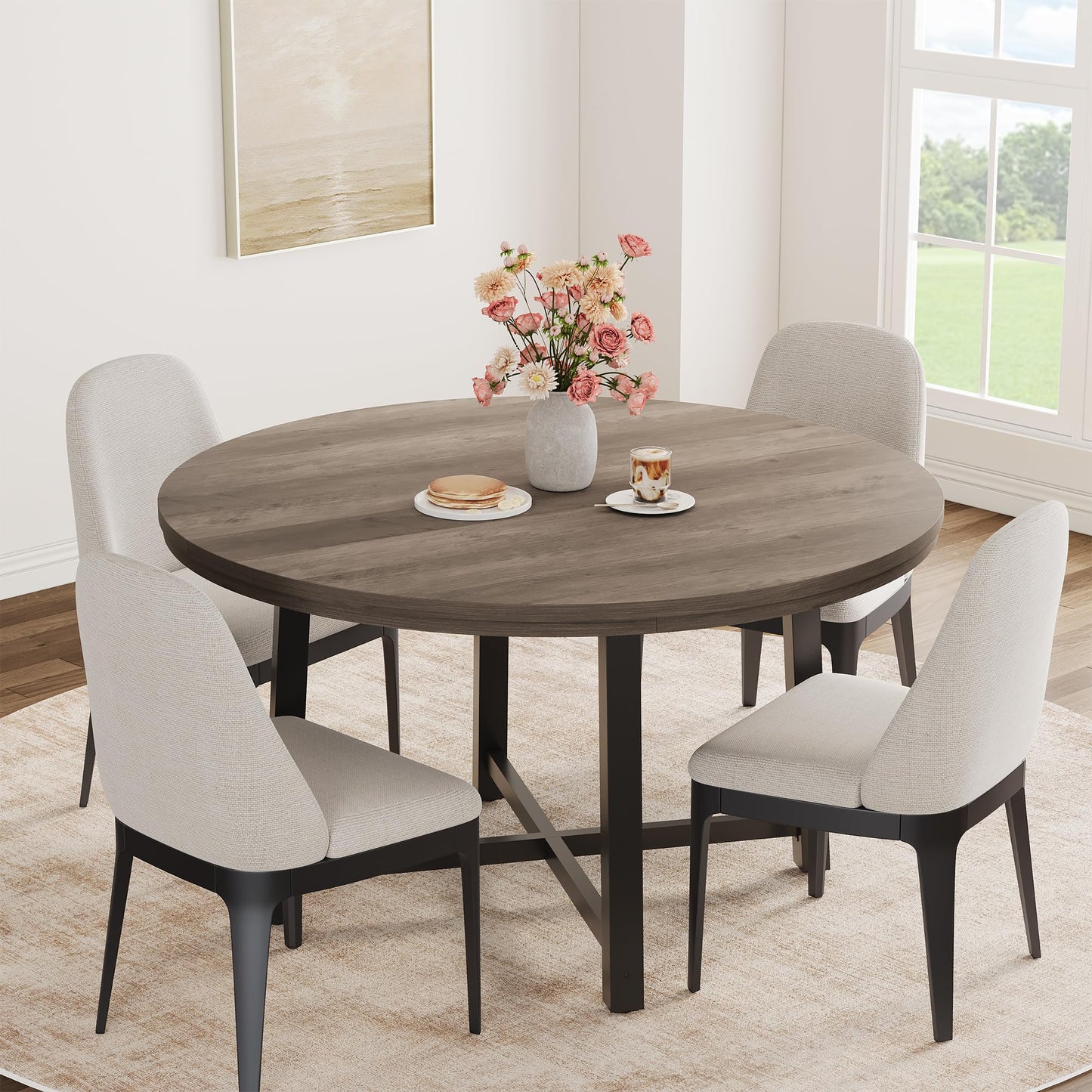 47 in Round Dining Table, Industrial Dinner Table for 4 to 6, Wooden Kitchen Table with Sturdy Metal Frame & Rustic Light Oak Finish