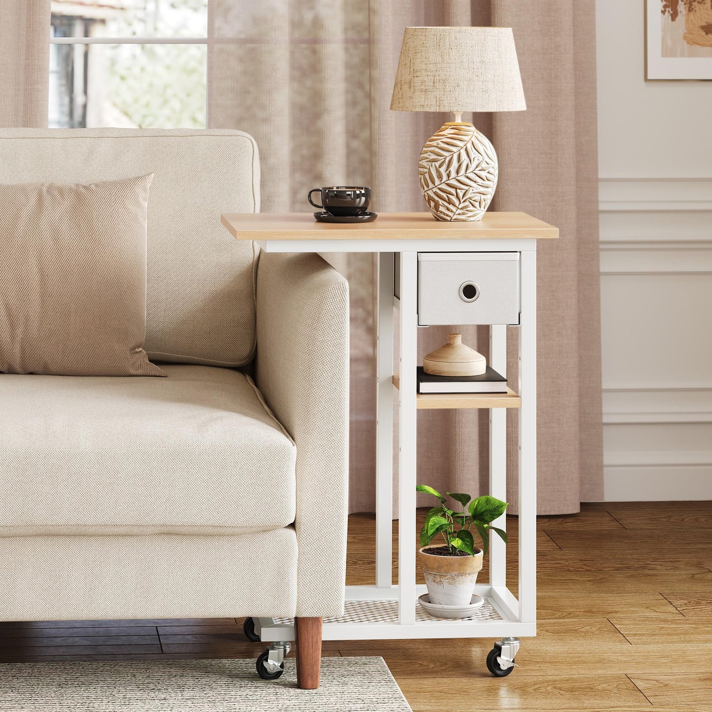 YITAHOME 2PCS C-Shaped Slim Sofa End Table with Fabric Drawer, Oak