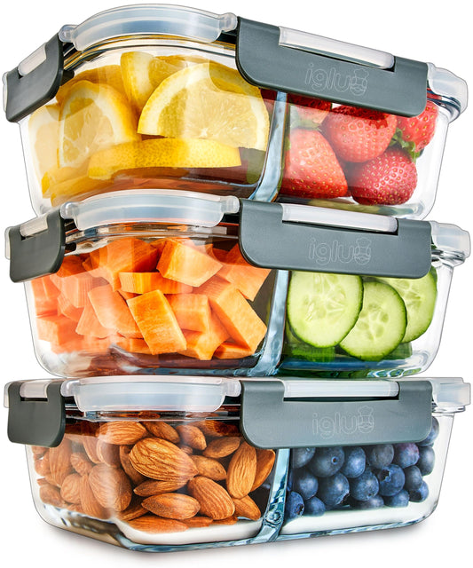 Igluu Meal Prep Glass 2 Compartment Container with Airtight SnapLock Lids - Portion Control Food Storage - BPA Free - Microwavable, Dishwasher,