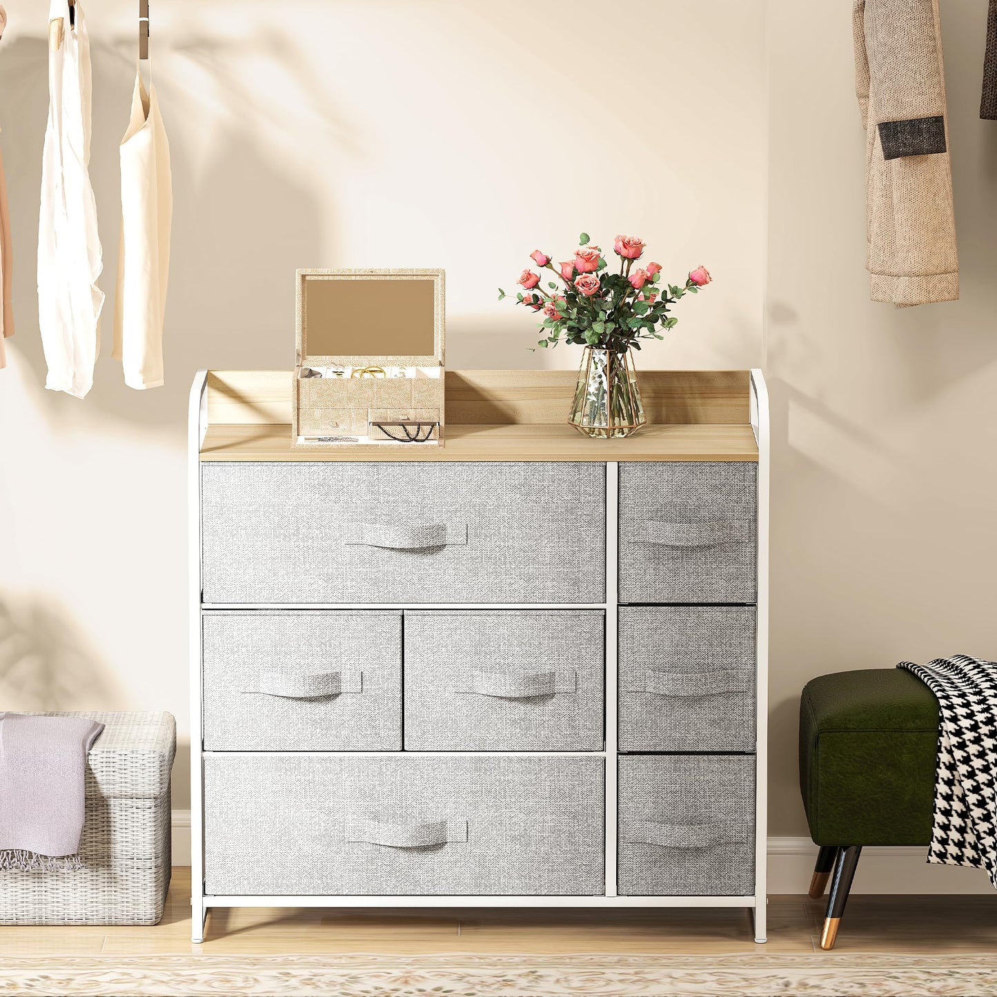 DWVO Chest of Drawers,Fabric Chest of Drawers Bedroom Cabinet with 7 Drawers,Dresser for Bedroom,Living Room With Handles,Wood Top and Sturdy Steel