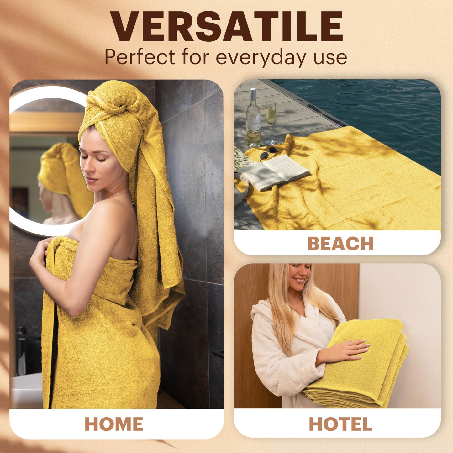 NatureMark 4-Piece Bath Towel Set – Soft & Absorbent Cotton Shower Towels for Everyday Use, Yellow, 70 x 140 cm
