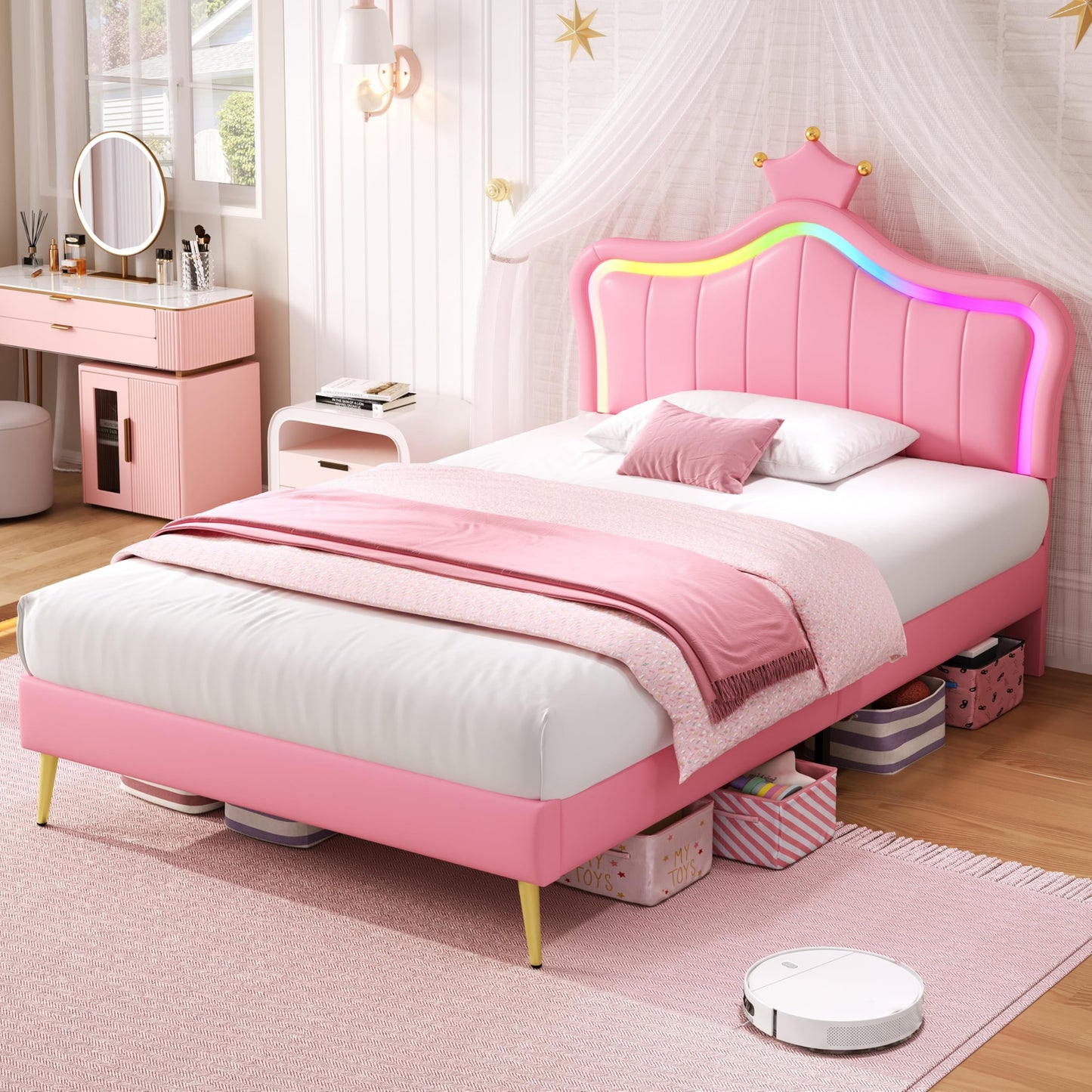 Merax 3FT Single Upholstered Bed Frame with LED Crown Shape Adjustable Headboard, PU Leather Platform Bed with Solid Wood Slats, Sturdy Metal Support