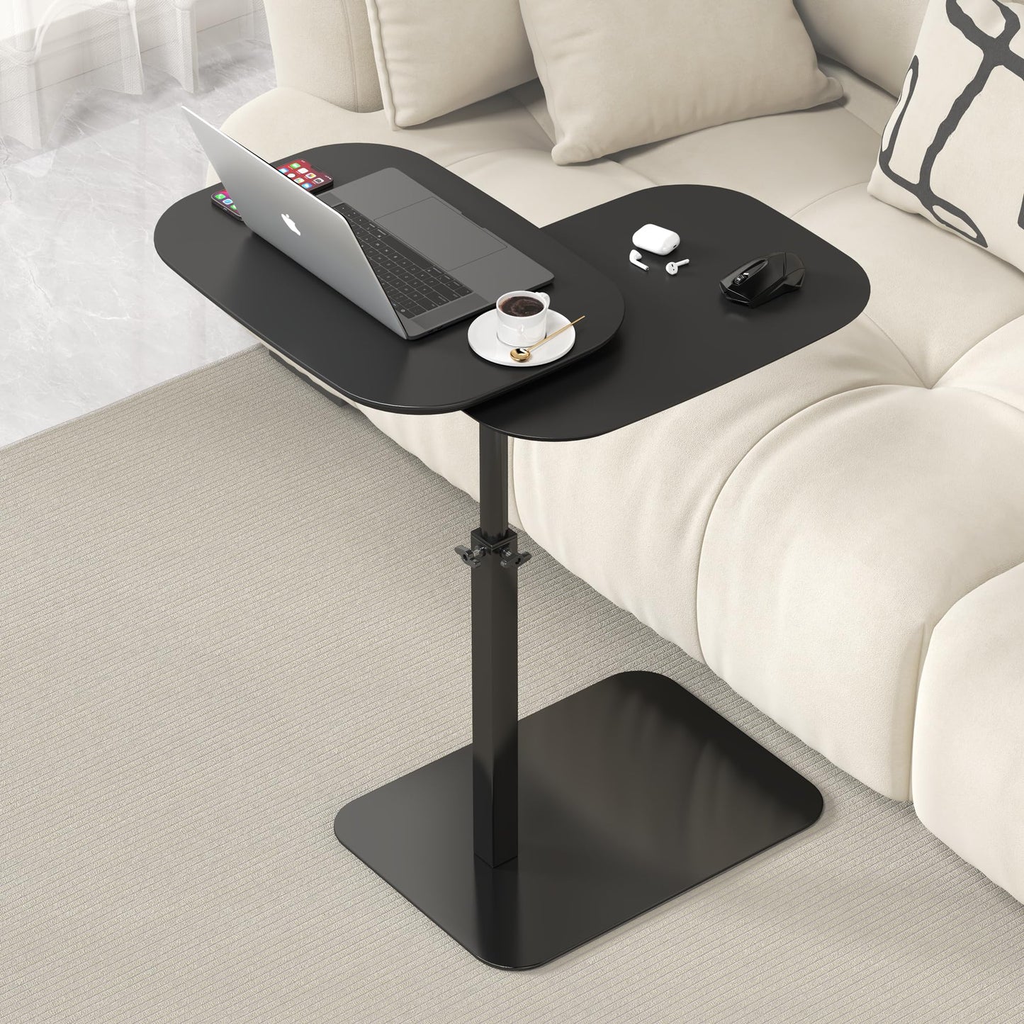 Adjustable Height C Shaped Side Table, 360°Swivel Bedside Table, Double Tabletop Laptop TV Tray Table Narrow End Table for Sofa/Bed