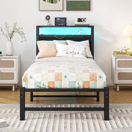 VERFARM 3ft Single Bed Frames with Wooden Storage Headboard Shelf and Charging Station/LED Lights, Heavy Duty Metal Bed Frame Single, No Box Spring