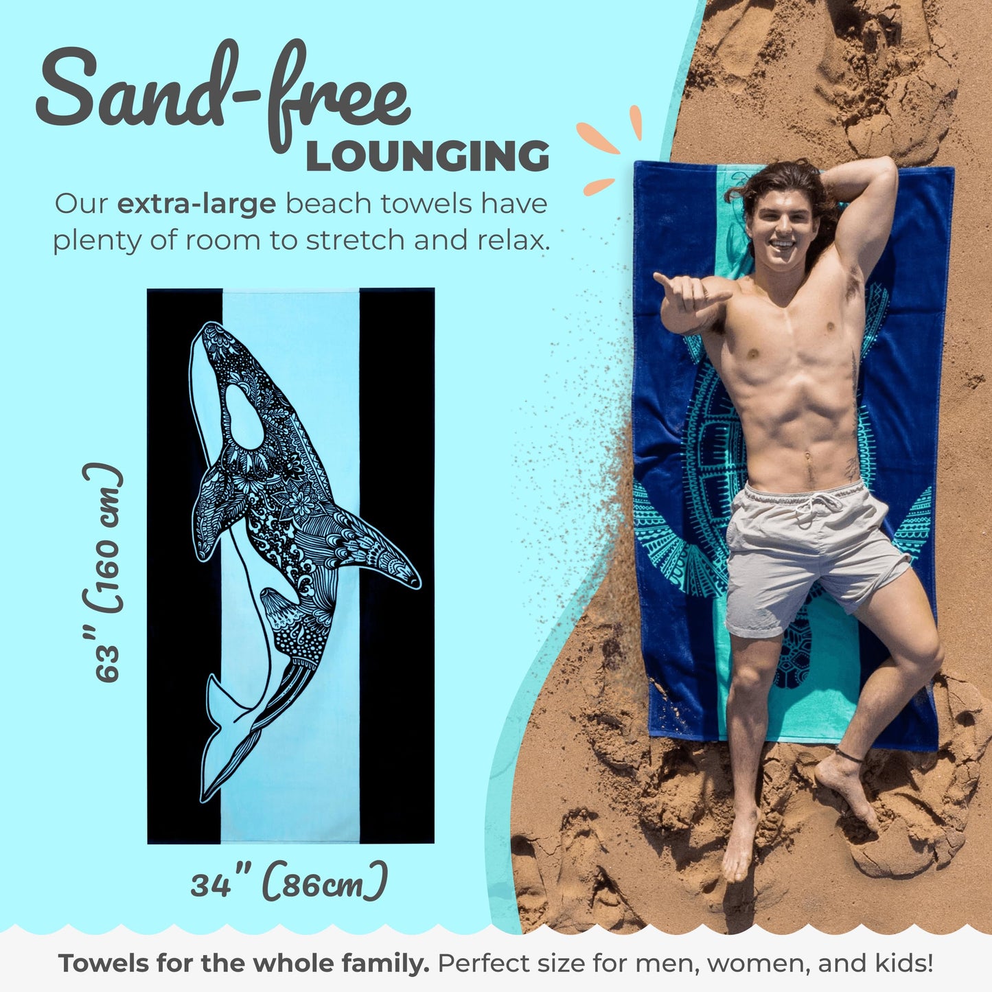 Nova Blue Orca (34 X 63) – Navy & Blue Colorway with Tropical Whale Design Travel Beach Towel Made from 100% Cotton – Vibrant Colorful Blanket Towel