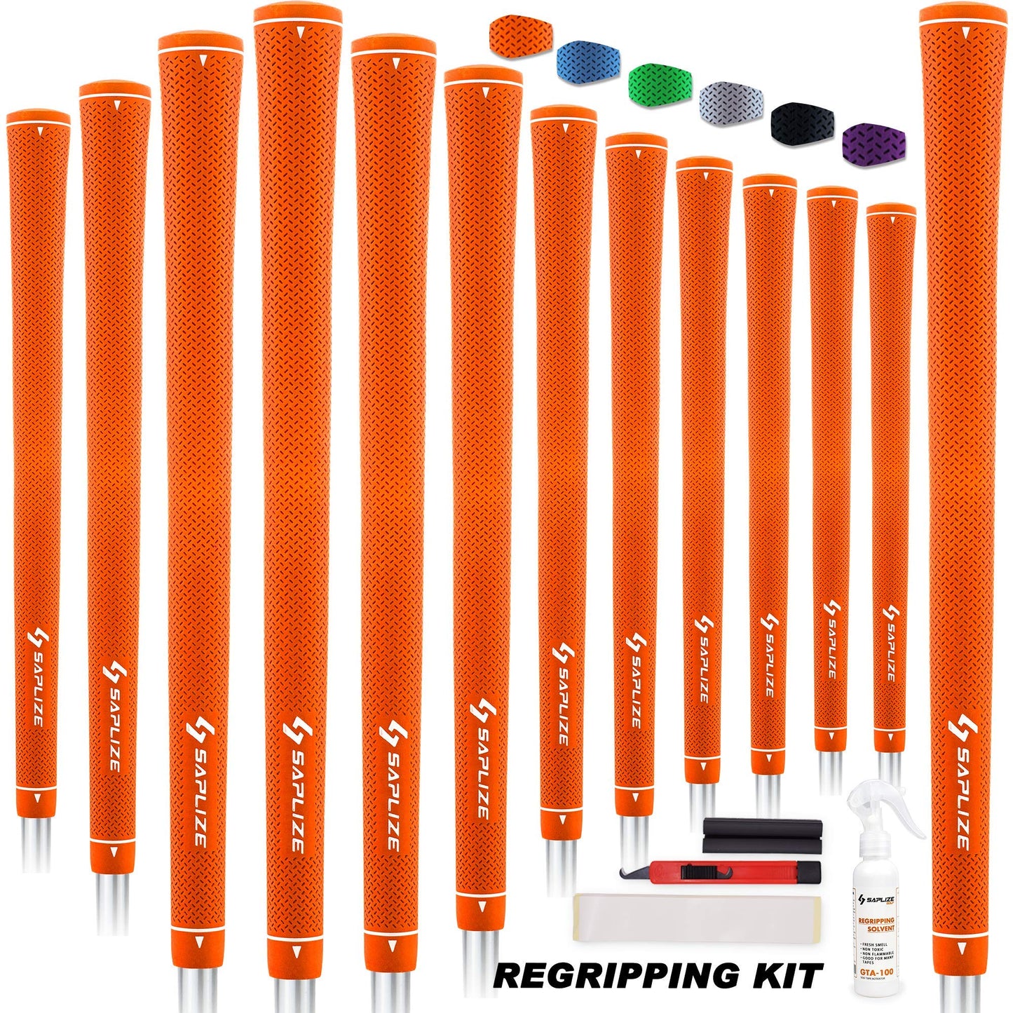 SAPLIZE Golf Grips, 13 Set with Complete Regripping kit, Standard Size, Rubber Golf Club Grip, Orange