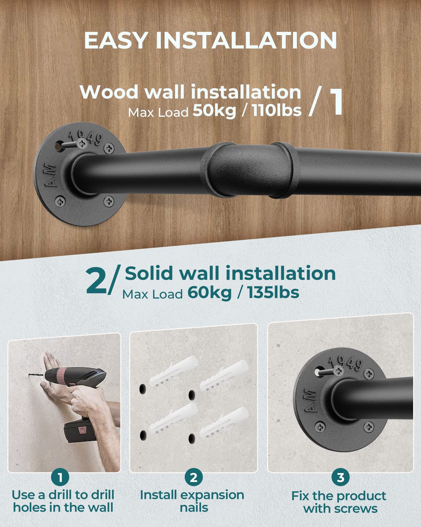OROPY Retro Wall Mounted Clothes Rail, 92cm Industrial Pipe Clothes Rack