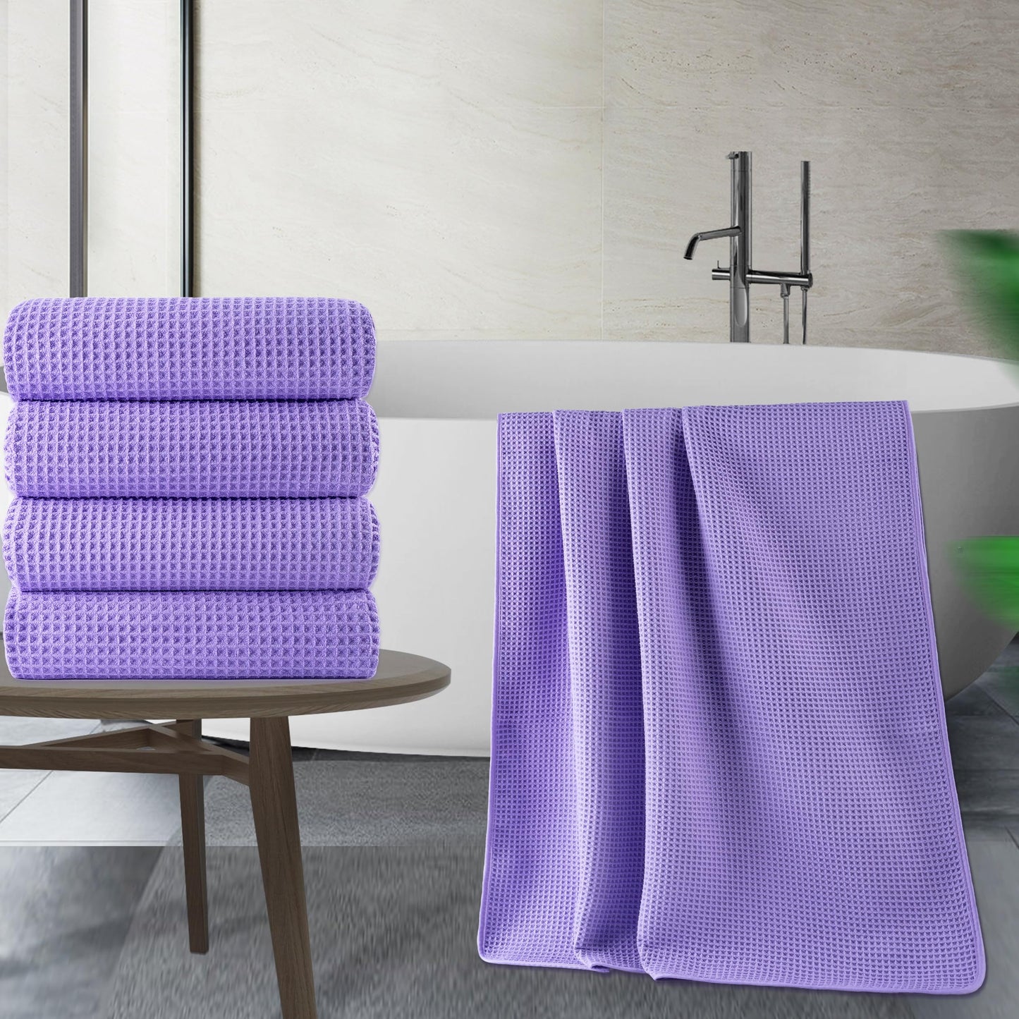 POLYTE Microfibre Oversize Quick Dry Lint Free Bath Towel, 152 x 76 cm, 4 Pack (Purple, Waffle Weave)