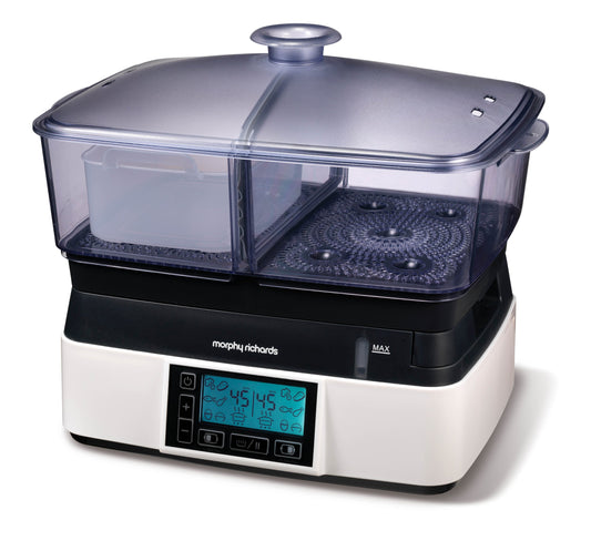 Morphy Richards Intellisteam Compact Food Steamer, 6L, Synchronised Steaming, Digital Display, Memory System, White & Black, 48775