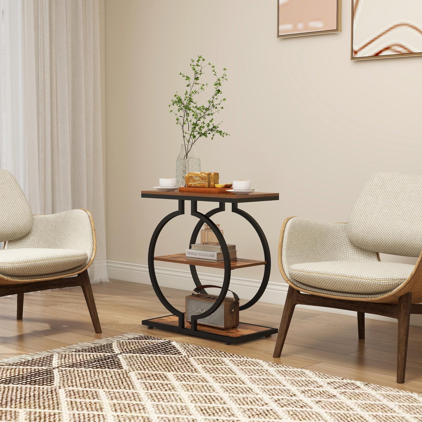 Trironsun Narrow End Table 3-Tier Round Side Table with Geometric O-Shaped Base Industrial Small Sofa Table for Living Room Slim Bedside Table