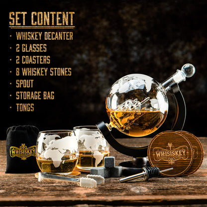 Whisiskey - Whiskey Decanter Set - 900ML Globe Carafe - Whiskey Gift Sets for Men - Whisky Set - Glass Gifts for Men - Inc. 2 Whiskey Glasses, 8