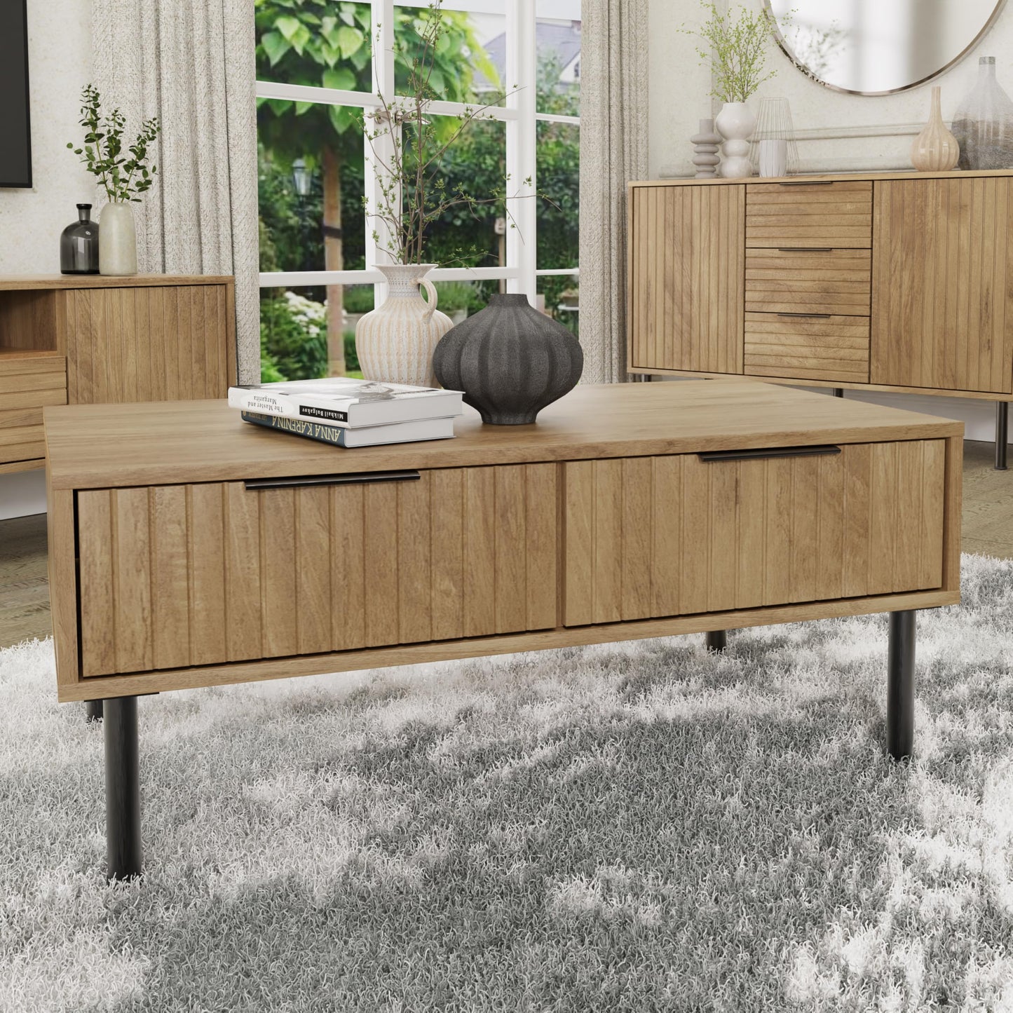 GFW Nervata Coffee Table, Oak Effect Coffee Table with 2 Drawers, Art Deco Style Living Room Table with Gold Accents and Wood Grain Texture