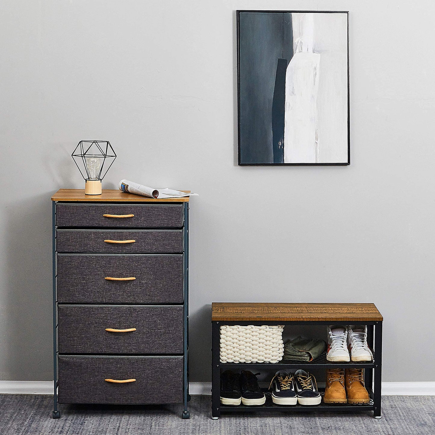 Mondeer Meerveil Shoe Bench, Shoe Rack with 2 Metal Mesh Shelves Industrial Design for Living Room Hallway Entryway, 73 x 30 x 45 cm, Rustic Brown