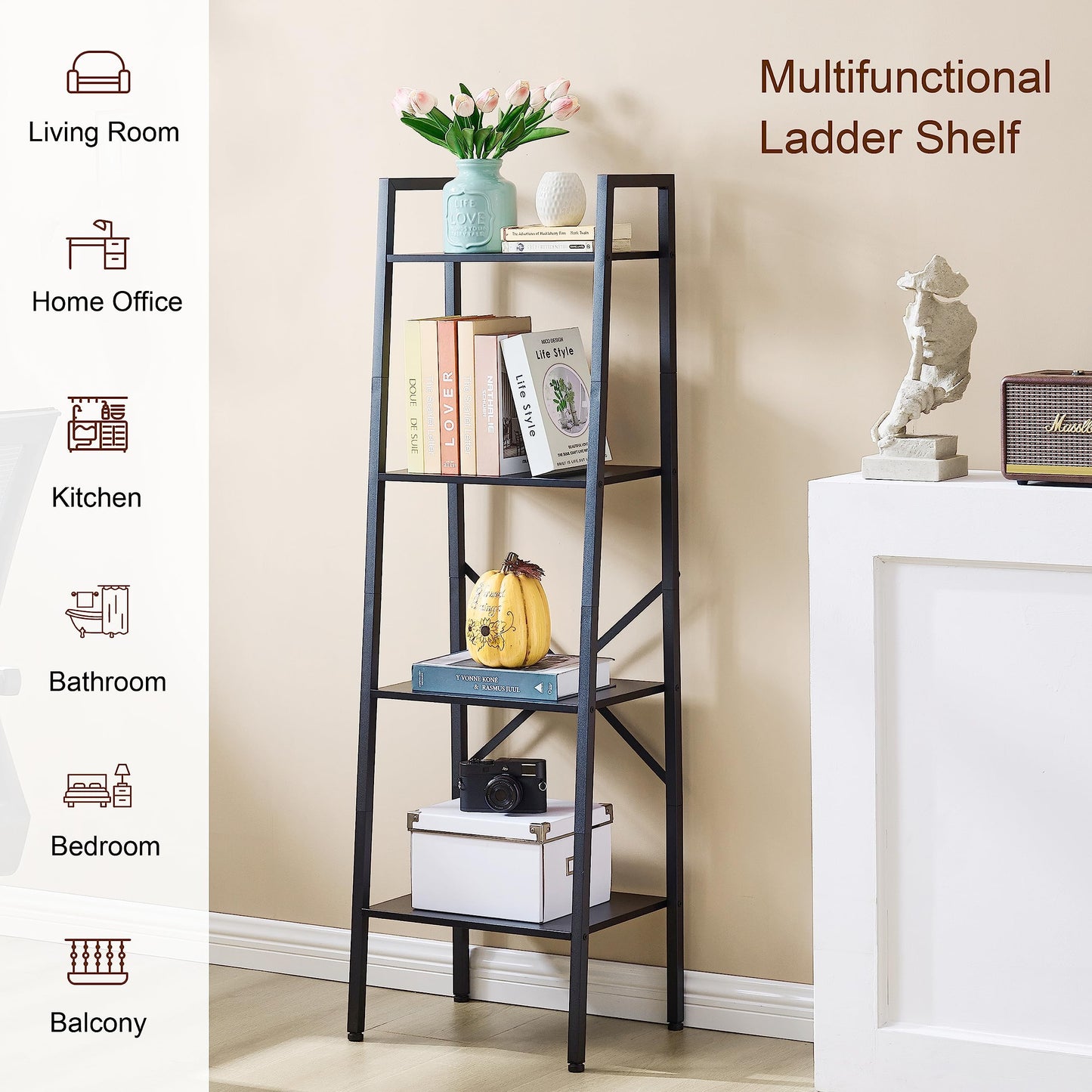 Hoctieon 4-Tier Industrial Ladder Bookshelf, Narrow Ladder Shelf, Tall Standing Bookshelf, Skinny Open Ladder Shelf, for Living Room, Home Office