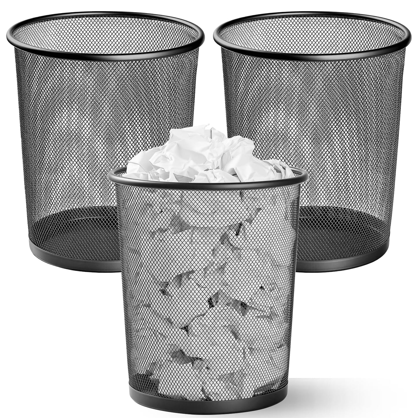 Evadow 3 Pack Mesh Waste Paper Bin 12 Litres, Metal Wire Waste Basket Lightweight Circular Trash Bin for Home Office Garbage Can Bin