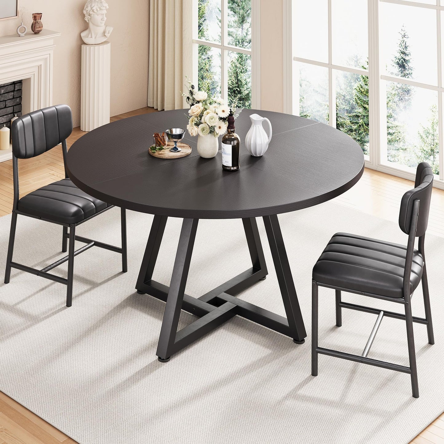 Jocoevol Round Kitchen Dining Table for 2 People, Circle Dinner Table with Metal Frame, Space Saving Wood Industrial Furniture (Black, 31 inch