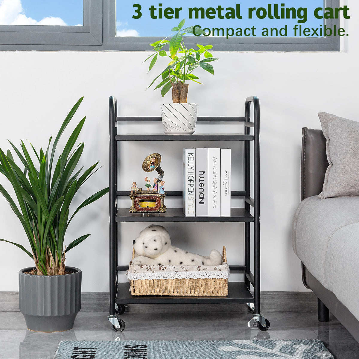 HDANI Serving Trolley,3-Tier Metal Trolley,Black,48x30x75cm