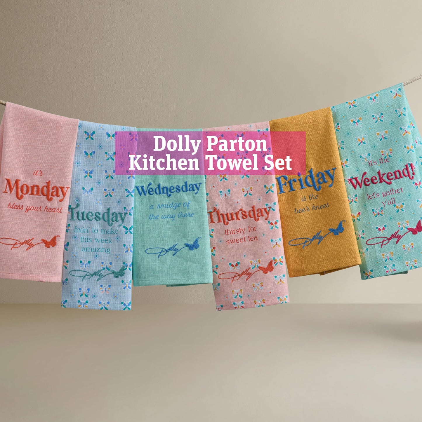 Dolly Parton Days of the Week Kitchen Towel Set - 100% Cotton Soft Durable Dishtowel Décor with Dolly Signature Embroidery, Cute Phrases