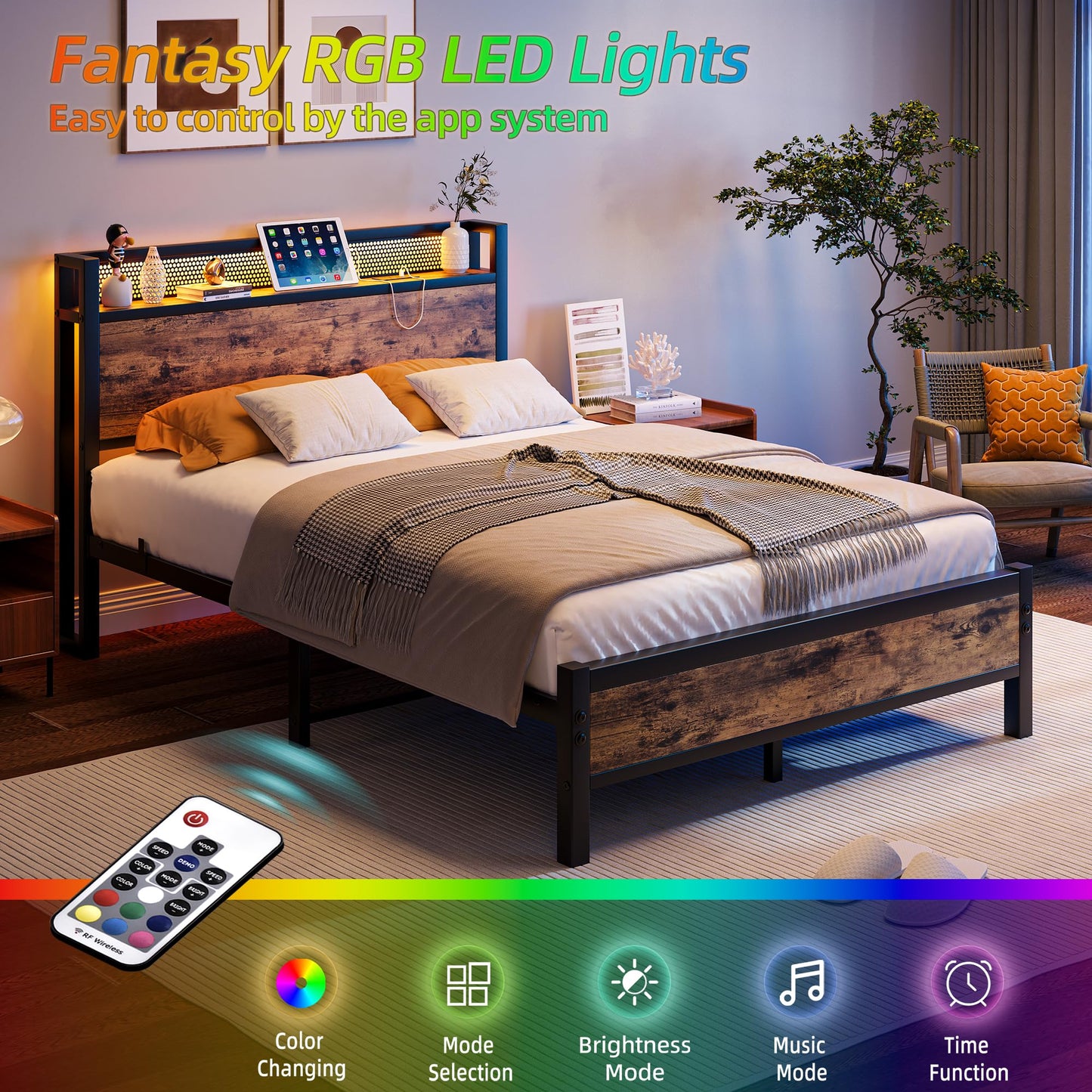 Diahomy 4ft6 Double Bed Frame with LED Lights&Charging Station,Brown