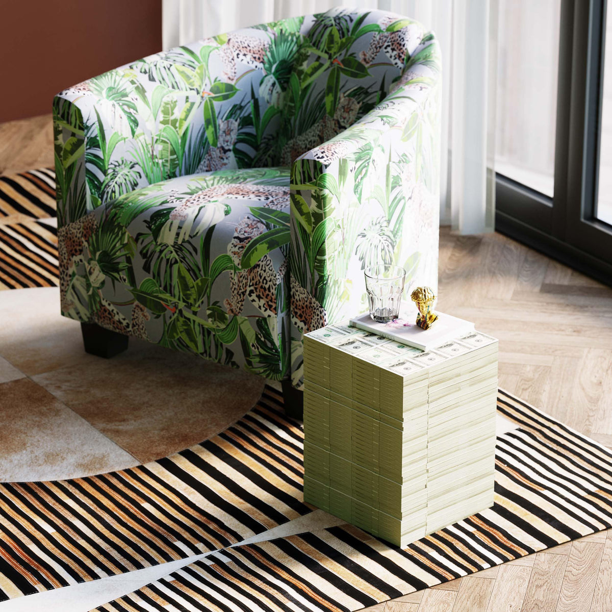 Kare Design Stool Dollar, multicoloured, polyresin, small stool with money design, 38x30,5x26,5cm H/W/D, Beige