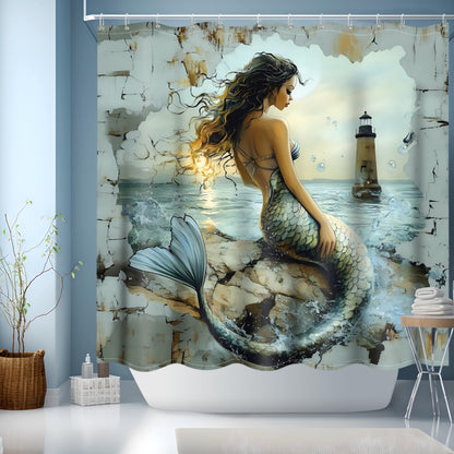 JINGYOU Mermaid Shower Curtain,Nautical Bath Curtain Washable Polyester Fabric Retro Printed Bathroom Curtains with 12 Hooks for Bathroom/Wet