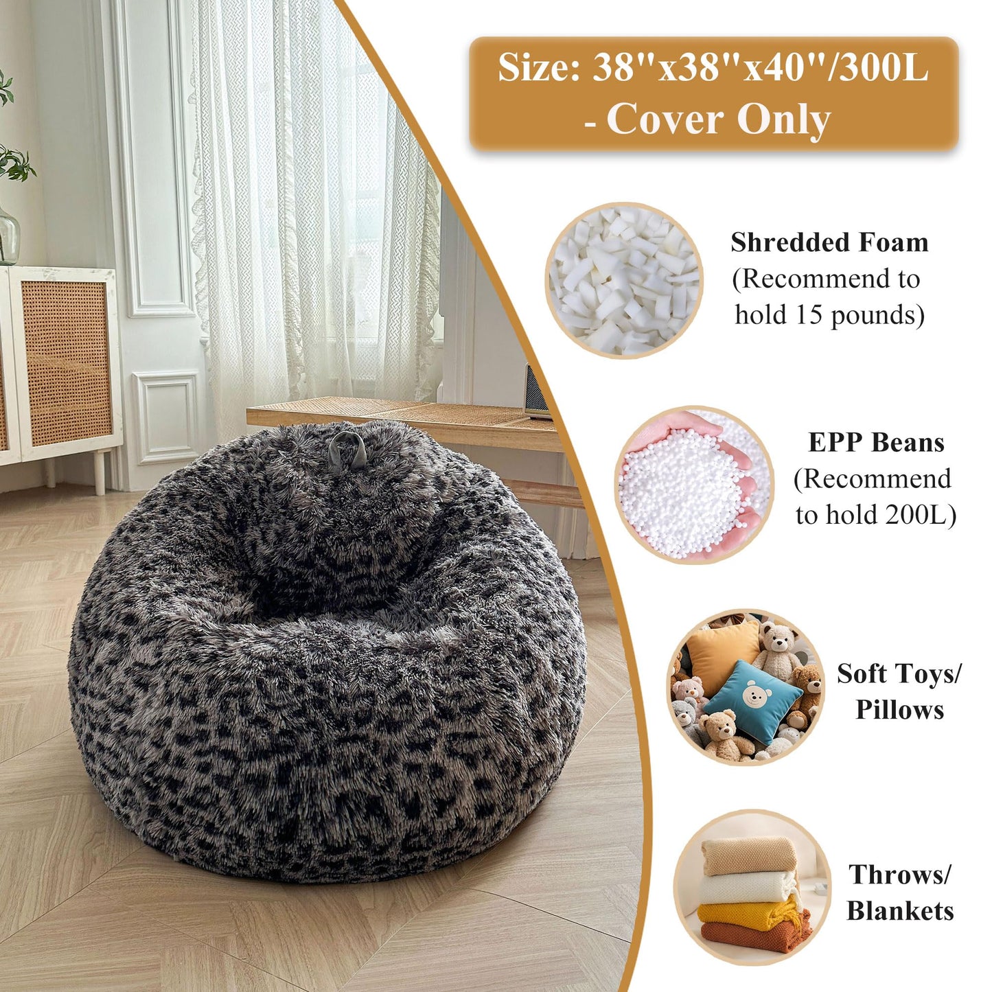 XeGe Faux Fur Leopard Print Bean Bag Chair Cover(No Filler), Cheetah Grey