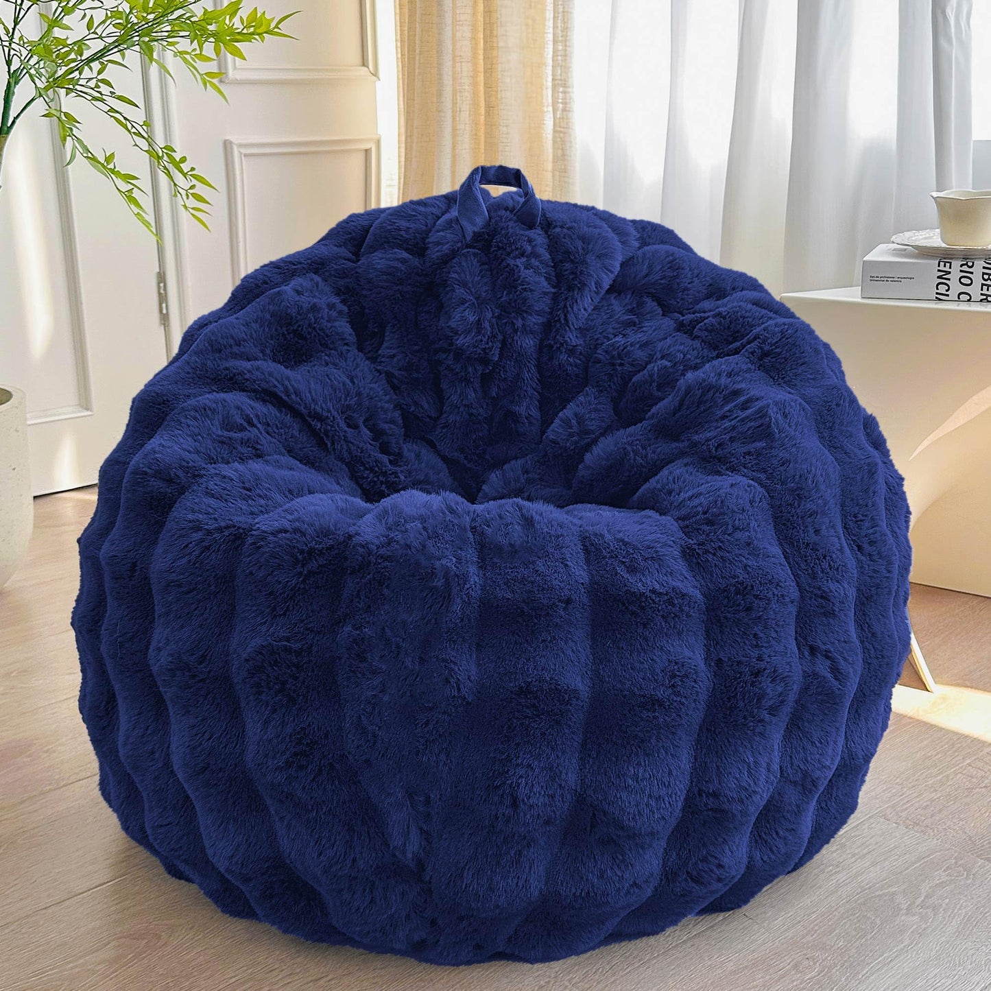 LIFEREVO 3FT Fluffy Faux Rabbit Fur Bean Bag Cover, No Filler, Navy Blue
