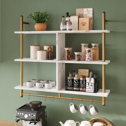 Bestier 3 Tier Floating Pipe Shelving 115CM Industrial Wall Mounted Ladder Shelf Hanging with Circular Tube with Hooks Wood Display Storage Home Decor