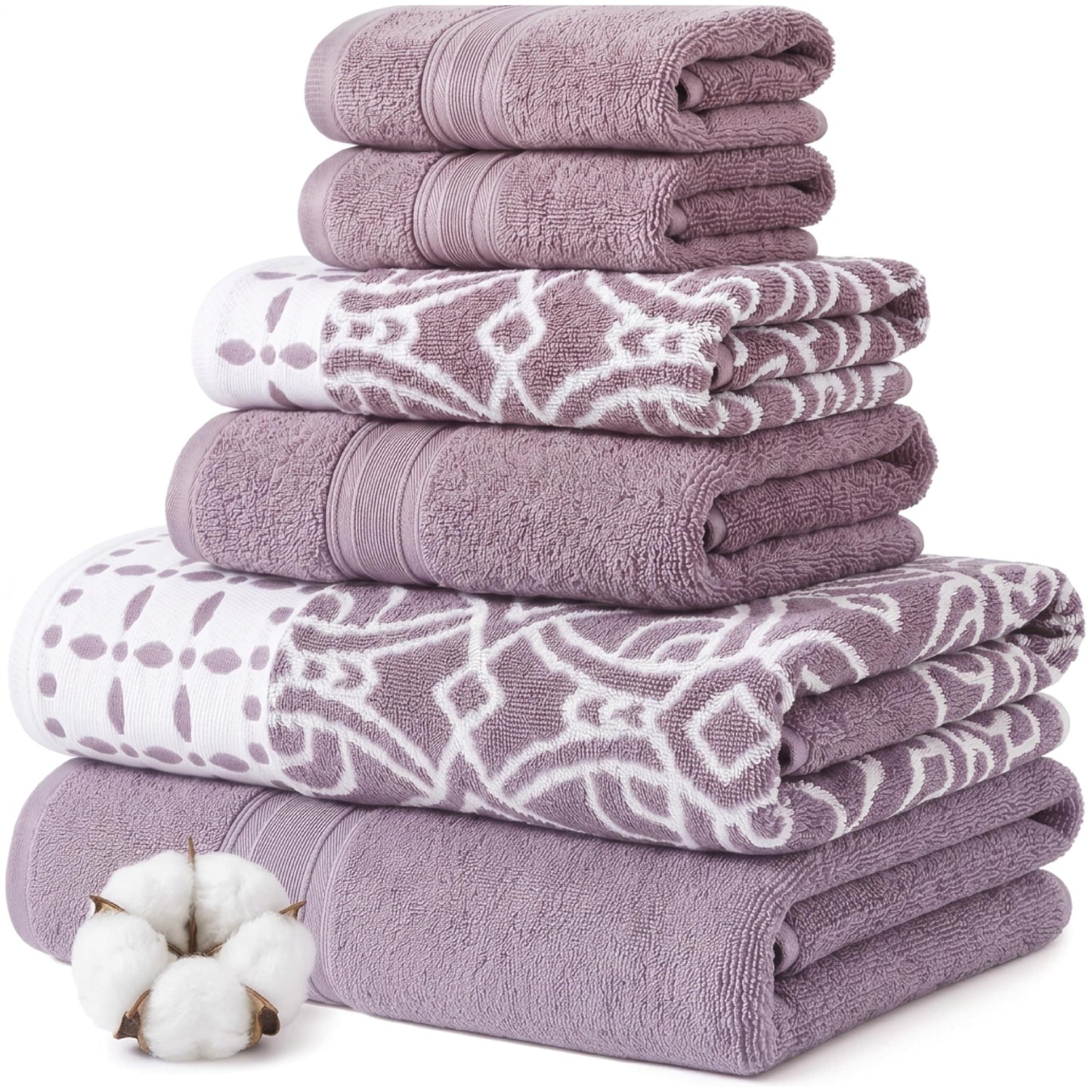 Modern Threads 6 Piece Set, 2 Bath Towels, 2 Hand Towels, 2 Washcloths Yarn Dyed Jacquard/Solid Towel Set Monroe Orchid