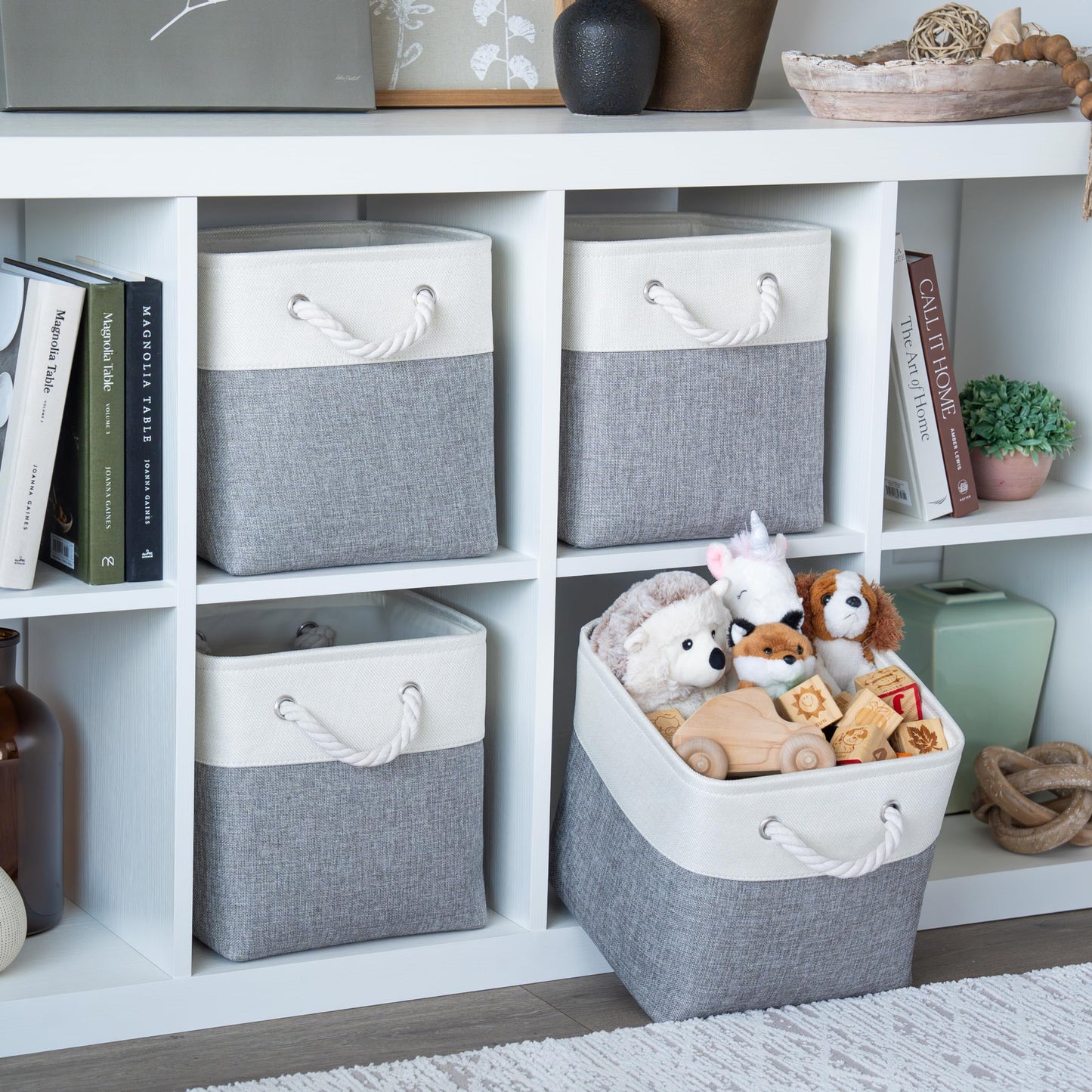 OrganiHaus Fabric Storage Boxes, Set of 4 Foldable 28x28 Cube Organiser Bins with Rope Handles for Shelves, Nursery & Closet