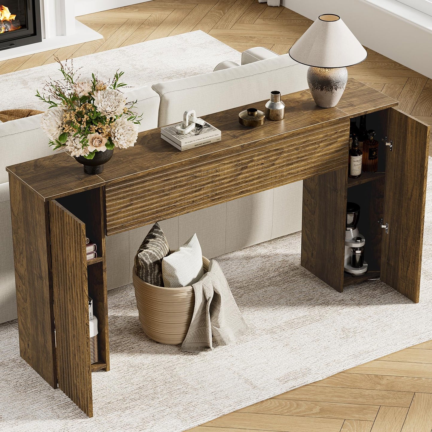 Mossora 155cm Brown Fluted Narrow Console Table with Storage Cabinets