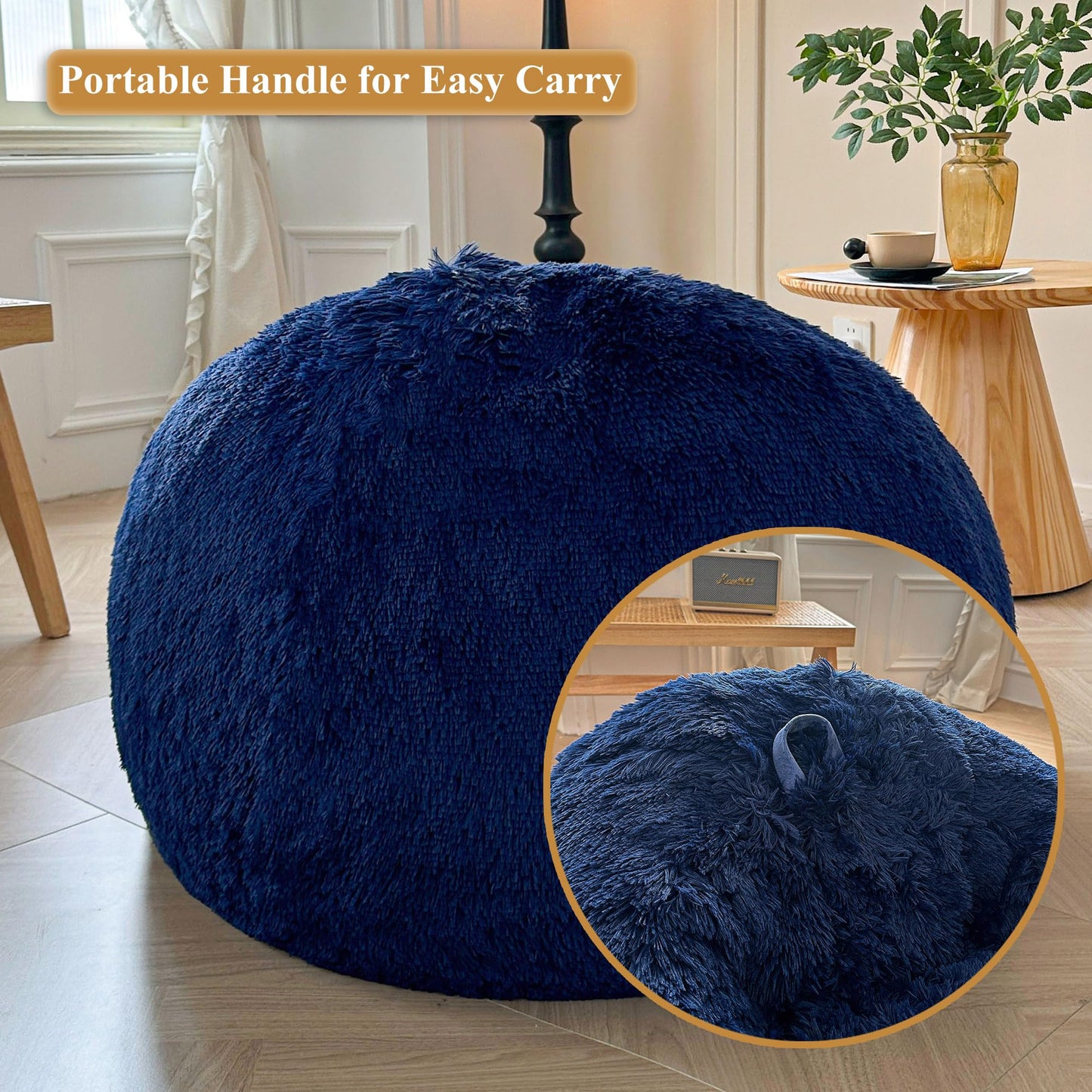 XeGe Soft Fluffy Faux Fur Bean Bag Chair Cover(No Filler), Navy Blue