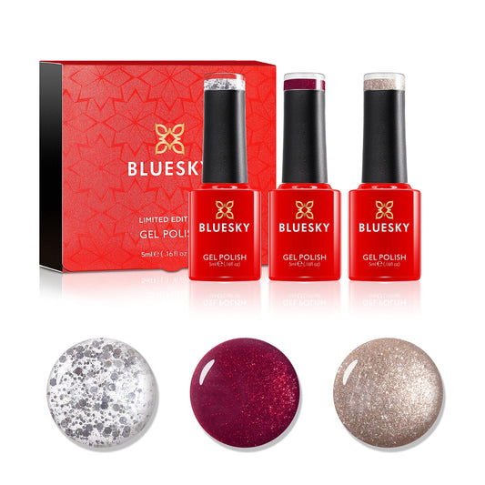 Bluesky Gel Nail Polish Christmas Set, Glitter Gel Polish - Heart Queen, Golden Star, Silver Flakes, Silver, Red, Gold, 3 x 5 ml Gel Polish Set