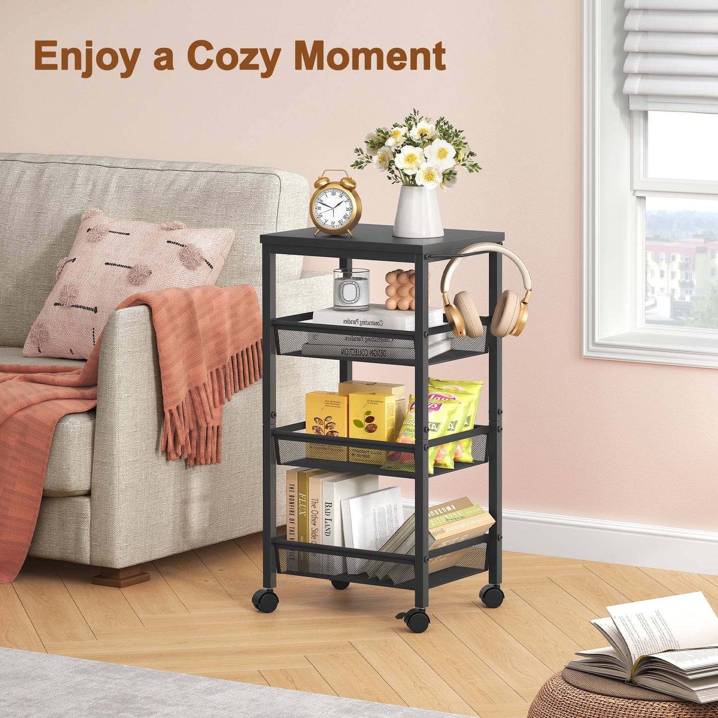 Hoctieon Rolling Storage Cart, 4-Tier Wide Panel Rolling Kitchen Storage Cart, Utility Cart with Handle & Wheels, Mobile Shelving Unit