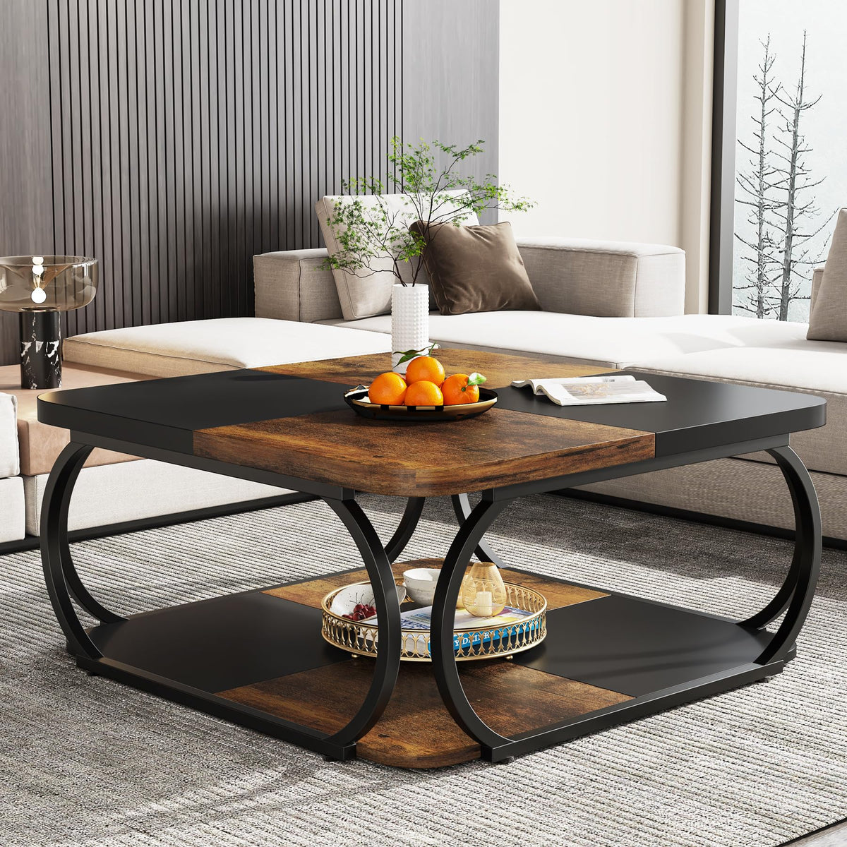 Tribesigns Square Coffee Table with 2 Tiers, 40 inches Low Farmhouse Coffee Table with Wood Storage Shelf Heavy Duty Metal Curved Frame for Modern