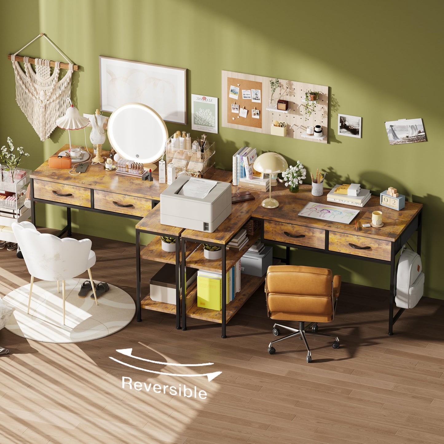 CAIYUN L Shaped Computer Desk with 2 Drawers, 100CM Office Corner Desk with 2 Storage Shelves, Working Table Study Table for Home Office Desk, Brown