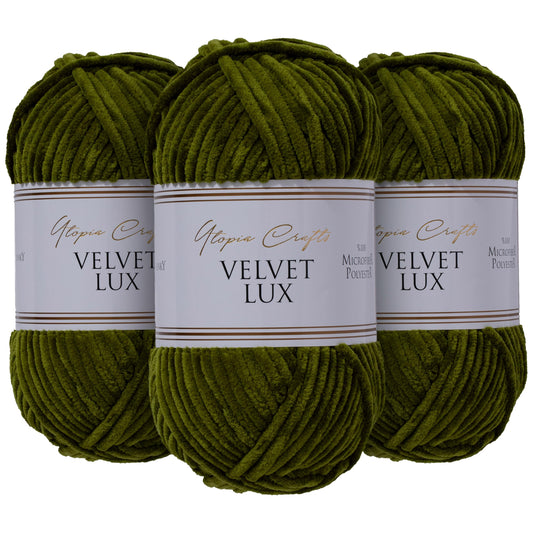 Utopia Crafts Velvet Lux Chenille Super Soft Chunky Yarn for Knitting and Crochet Yarn 3X 100g (Dark Olive)