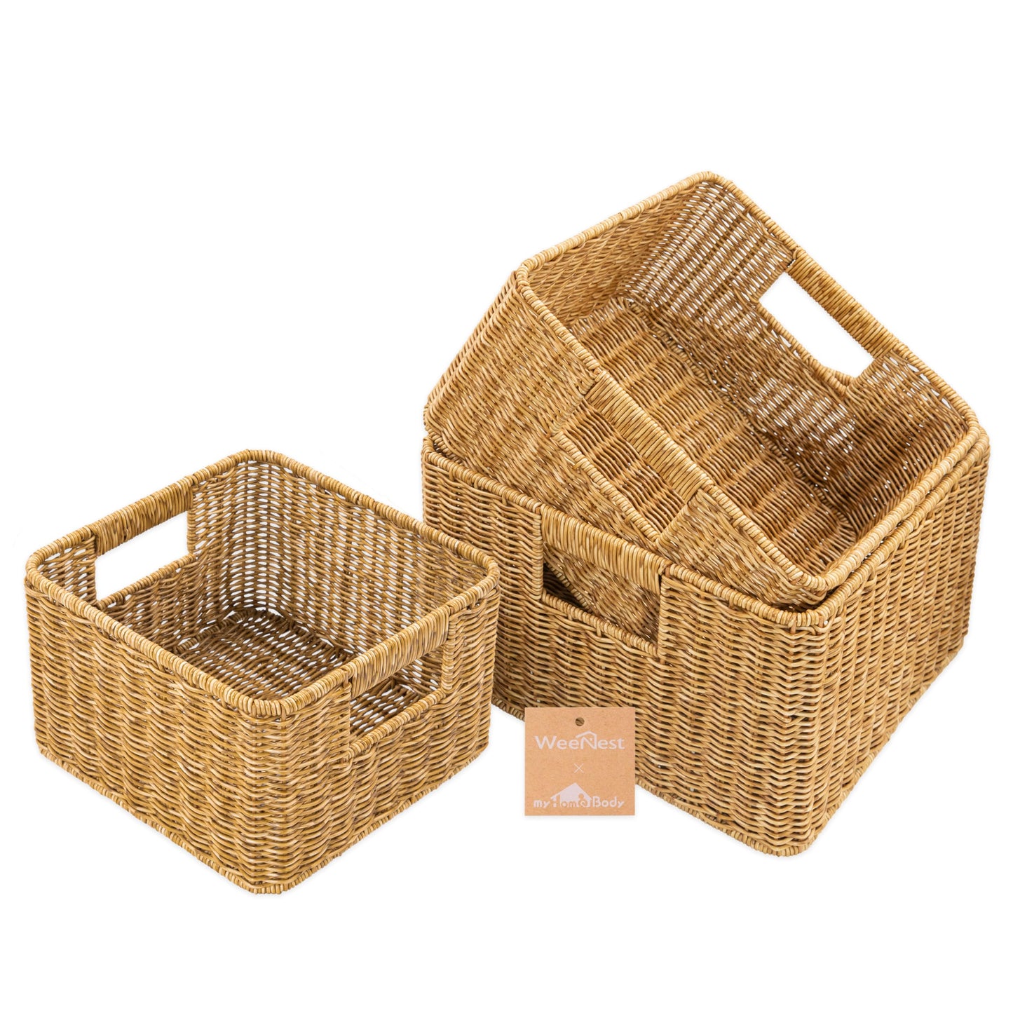 myHomeBody Wicker Storage Basket, Storage Cubes, Woven Baskets for Organizing, Resin Wicker Set of 3, Tan