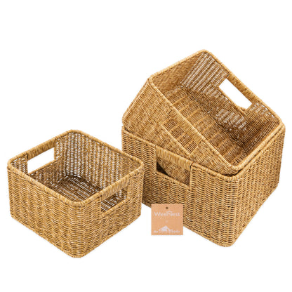 myHomeBody Wicker Storage Basket, Storage Cubes, Woven Baskets for Organizing, Resin Wicker Set of 3, Tan