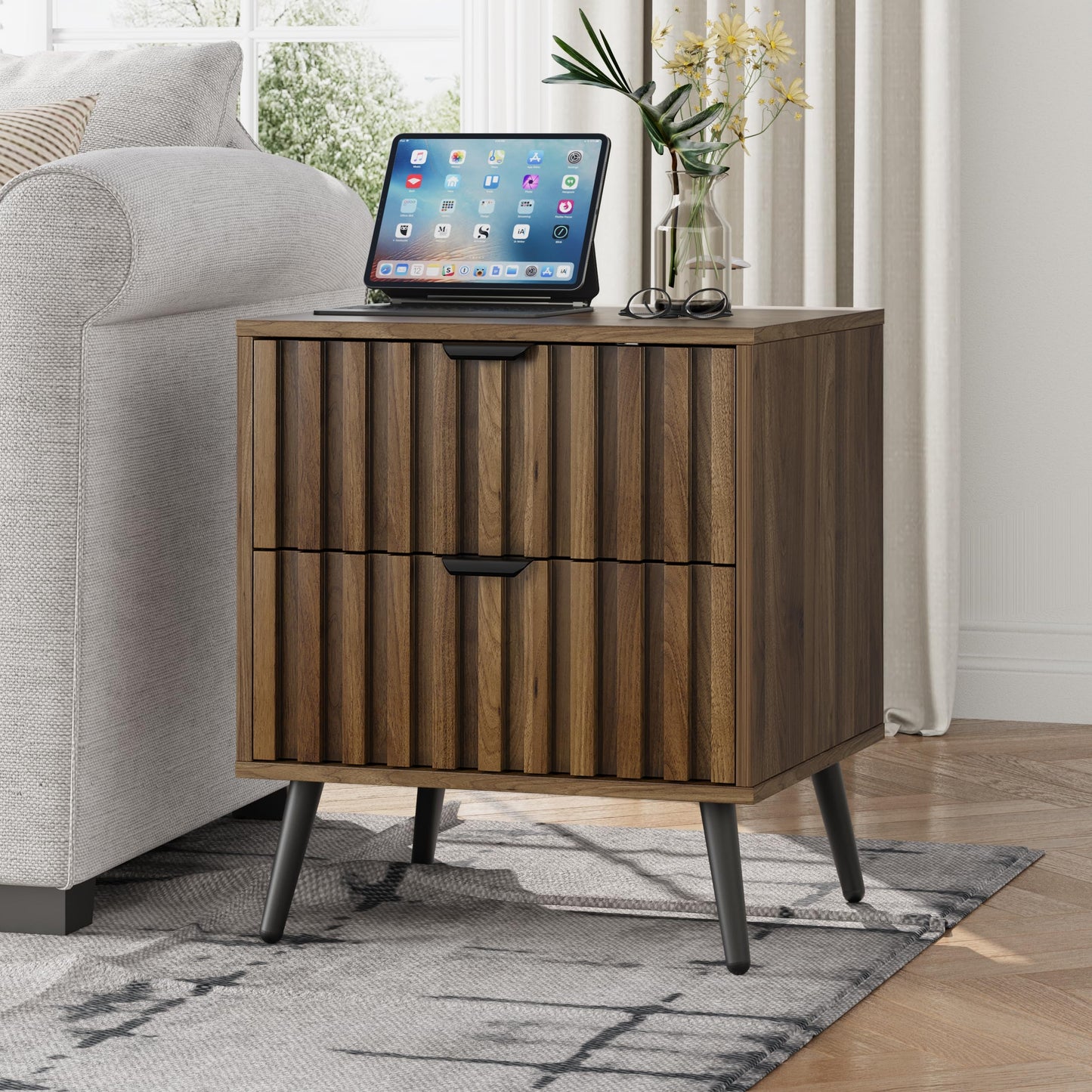 Smuxee Walnut Wooden Night Stand, Mid Century Nightstand with 2 Fluted Drawers, Bedside Table with Open Shelf, Modern End Side Table for Bedroom