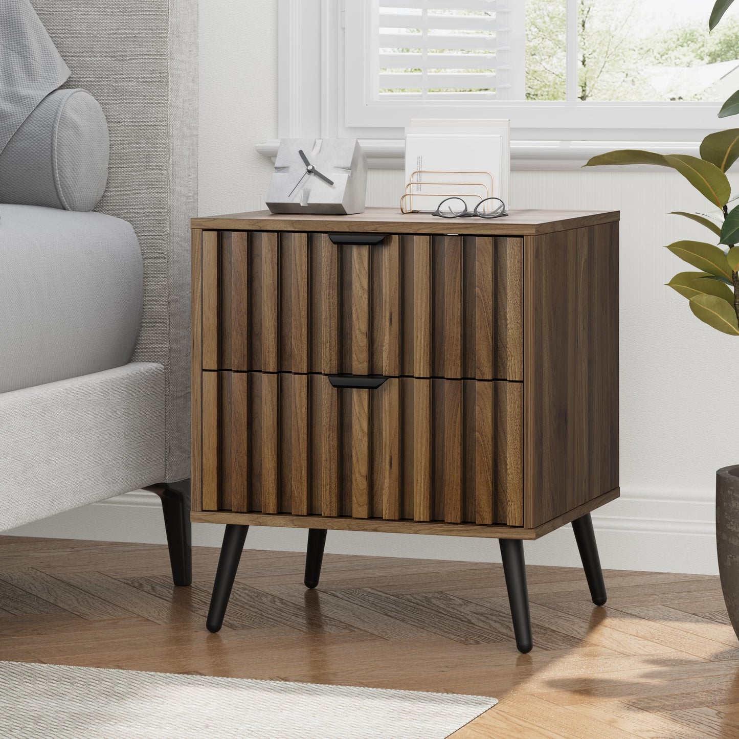 Smuxee Walnut Wooden Night Stand, Mid Century Nightstand with 2 Fluted Drawers, Bedside Table with Open Shelf, Modern End Side Table for Bedroom