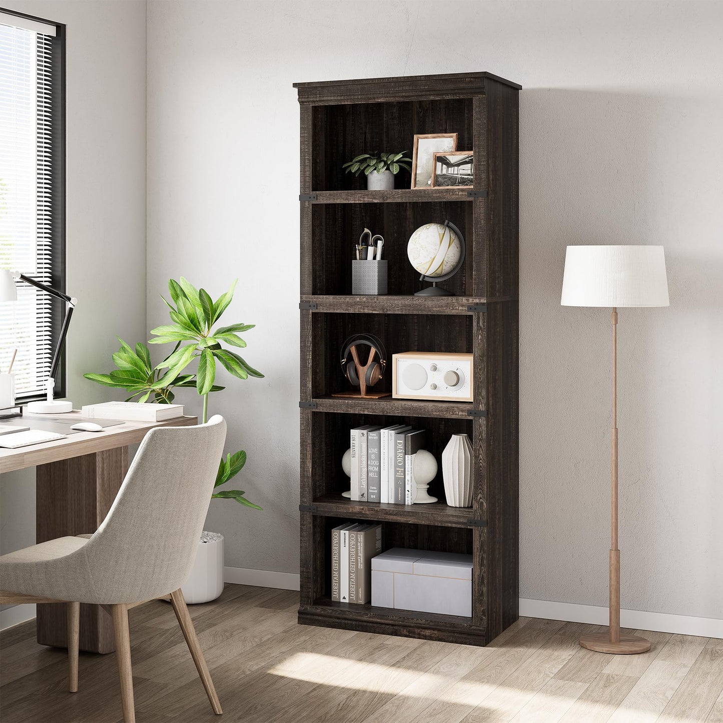 5 Tier Bookcase, Farmhouse Book Shelf with Storage Open Display Bookshelves, Book Case Wooden 5 Shelf Bookcase Home Decor Furniture for Home Office
