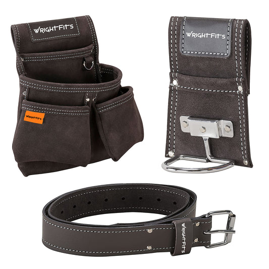 WrightFits Leather Tool Belt Pouch with Multi Pockets | Hammer Loop Drill Holster Work Tool Organiser & Storage with Belt | Adjustable Waist for