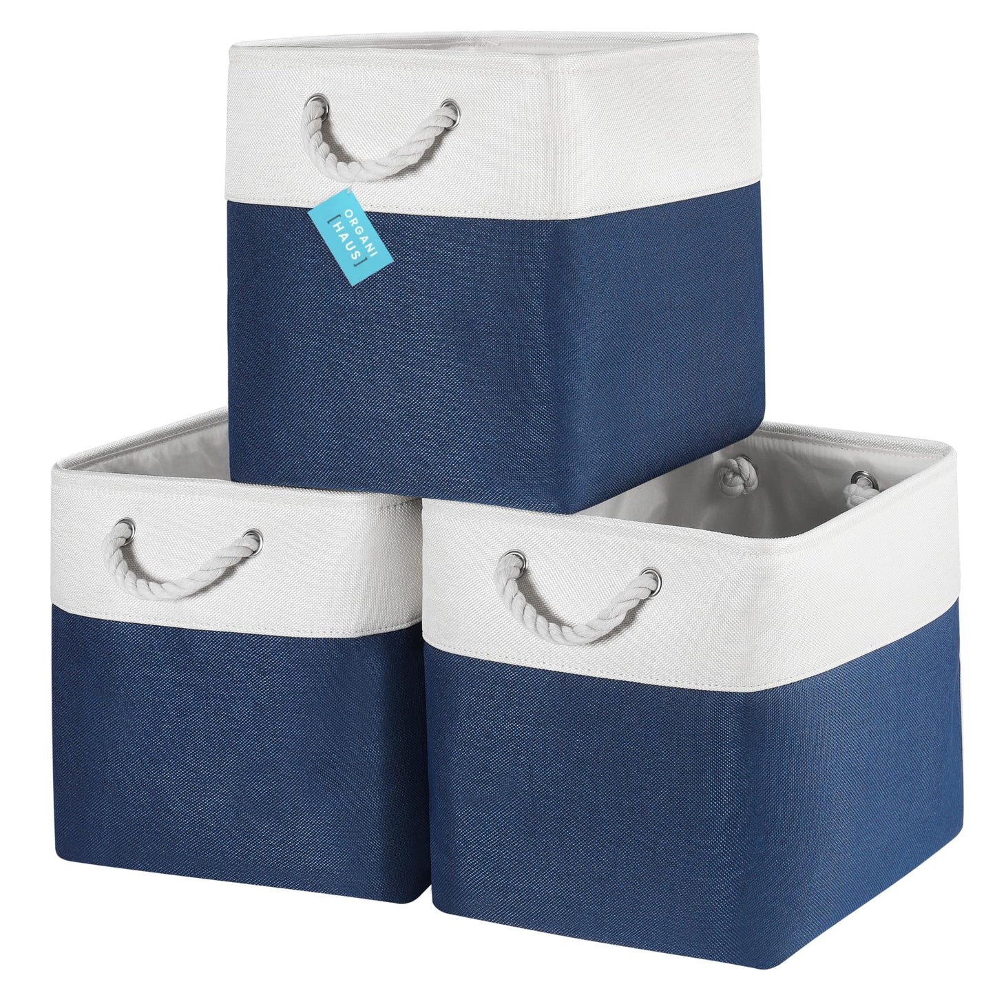 OrganiHaus Fabric Storage Boxes, Set of 3 Foldable 33X33 Cube Organiser Bins with Rope Handles for Shelves, Nursery & Closet
