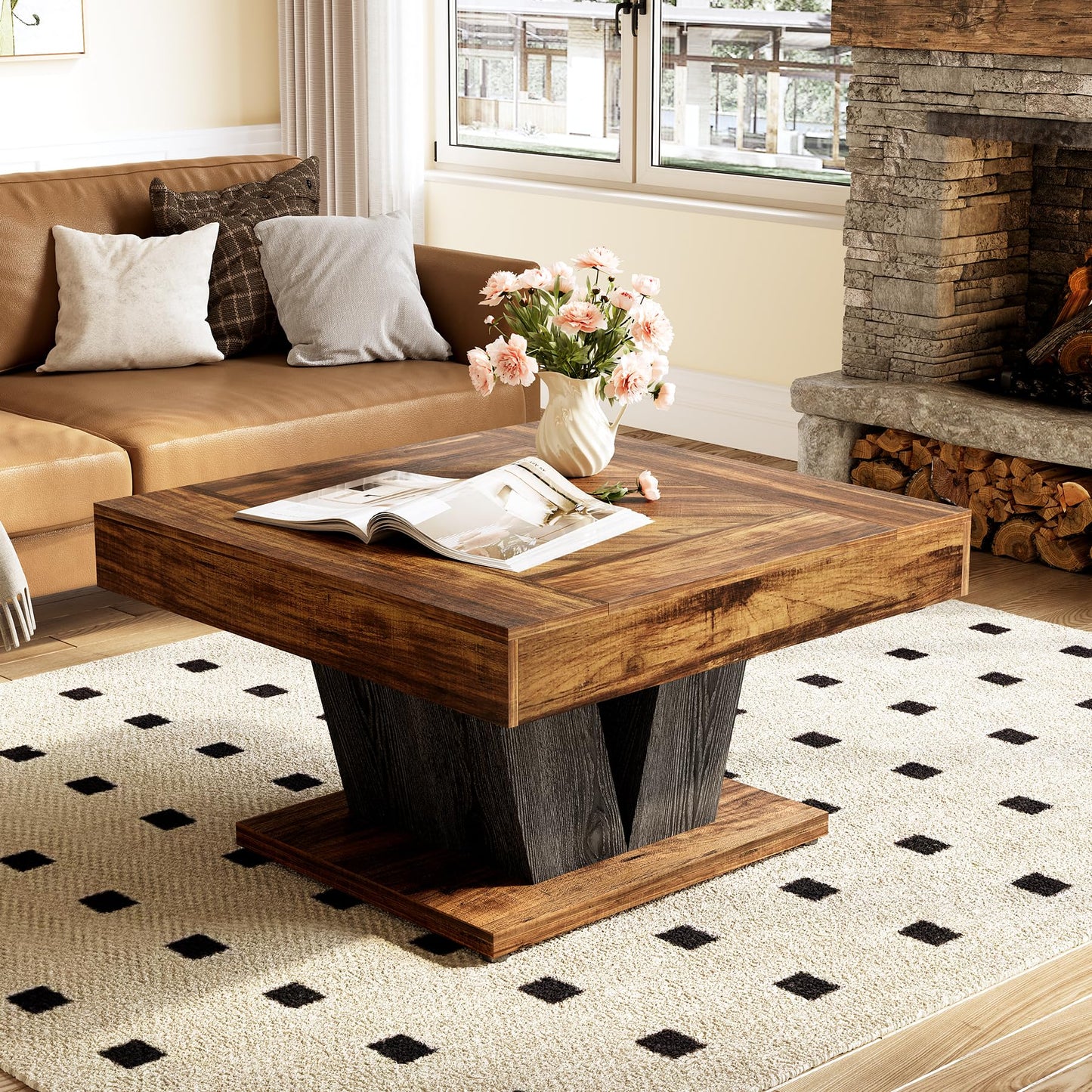 LITTLE TREE Square Coffee Table, Modern Rustic Coffee Table for Living Room, Wooden Table with Adjustable Feet, Brown
